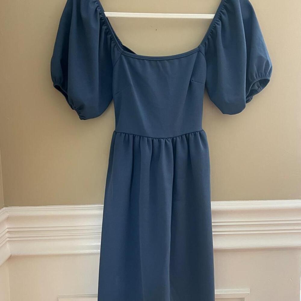 Altar'd State slate blue open tie-back mini dress with short puff sleeves